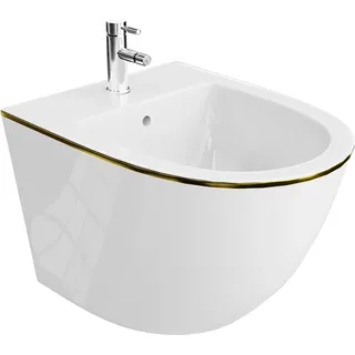 LAVITA Universal Wand-Bidet Sofi Gold Line mit Hahnloch und Überlaufschutz aus Keramik | Sitzwaschbecken zur Montage an der Wand | Hygienisch und Pflegeleicht | 36,5x49x32,5 cm | - Weiß