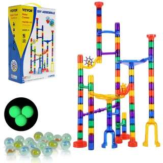 Vevor Murmelbahn-Set 110-teiliges Murmellabyrinth-Baustein-Denkspiel, mit 10 im Dunkeln leuchtenden Murmeln + 20 Glasmurmeln, pädagogisches Lernrennbahn-MINT-Spielzeug, für Kinder ab 3 Jahren