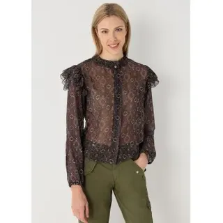 Lois Jeans für Damen. 431652542 Bedruckte Bluse mit Rüschen an den Schultern nego (S), Schwarz, Lässig, Polyester, Langarm