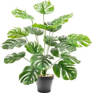Unyqoos® Künstliche Splitphilo (Monstera) im Topf – 55 cm, 18 Zweige, Real-Touch Palmblätter (12 dunkelgrün / 6 hellgrün), biegsamer Drahtstiel - Grün