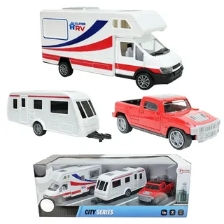 Toi-Toys - Modellfahrzeug Set - Wohnmobil + Wohnwagen + Pick-Up-Truck