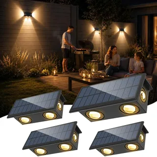 NATPOW Solar Wandleuchte Aussen,4 Stück Solarlampen für Außen Wand, Auto ON/OFF Zaunleuchte LED, IP65 Wasserdicht Warmweiß Zaun Beleuchtung Solar für Hinterhof Veranda Deck Patio Geländer