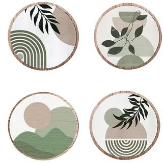 Xtrillogen 4 Stück Boho Wanddeko Wohnzimmer,Pflanzen Wand Deko Wohnzimmer, Runde Boho Deko Wand,Vintage Wanddeko Holz,Grün Moderne Wall Decor für Schlafzimmer,Flur,Badezimmer,Esszimmer