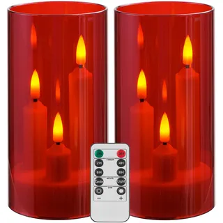 Da by Flammenlose Kerze, batteriebetriebene Kerze mit Fernbedienung und Timer, LED Dreidocht-Stumpenkerze, romantische Hochzeit, perfekte Wohnkultur, 2 Pack (Rot)