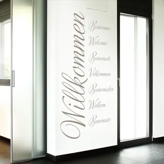 Grandora Wandtattoo Wort Willkommen in 8 Sprachen I Taupe (BxH) 80 x 161 cm I Flur Diele selbstklebend Aufkleber Wandaufkleber Wandsticker Sticker W3014