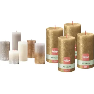 Bundle of Bolsius Rustik Stumpenkerzen - Geschenkset mit 6 Stück - New Sparkle - Lange Brenndauer + Bolsius Rustik Stumpenkerzen - Shimmer Gold - Set 4 Stück - Brenndauer 60 Stunden - 13 x 7 cm