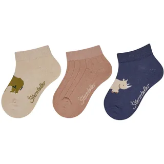Sterntaler Sneaker Socken 3er Pack Elefant – Baby- und Kindersocken mit Elefant- und Nashorn-Motiv, Rippenstruktur, Baumwoll-Mix, Beige, Größe 18