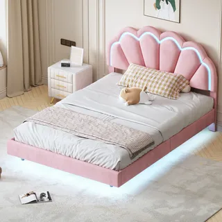 Sweiko Polsterbett 140 x 200 cm, Gepolsterter Schwebebett Rahmen mit LED-Leuchten und Kopfteildesign, flächiges Doppelbett-Gästebett in hautfreundlichem Samtstoff Rosa - Rosa