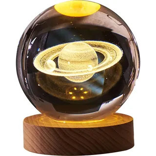 UKCOCO 3D Kristallkugel Nachtlicht Mit Led Beleuchtung 6Cm Planetenkugel Lampe Mit Holzsockel Für Schlafzimmer Kinderzimmer Und Geschenk Zu Weihnachten Und Geburtstag