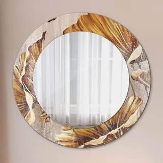 Runder Spiegel mit Modernem Aufdruck - Dekospiegel Wandmontage -golden Blätter- Ø60cm - Gold