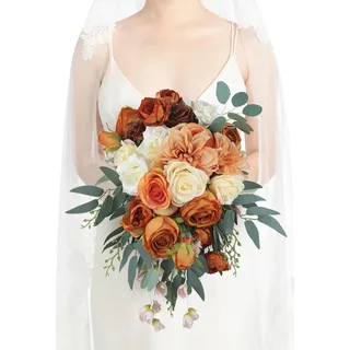 Rinlong 30 cm großer Blumenstrauß in Rusitc Burnt Orange Cascade Bouquet Herbst Hochzeit Blumensträuße für Braut kaskadierende Hochzeit Blumenstrauß aus Blumen Tropfenform Brautstrauß Hochzeit