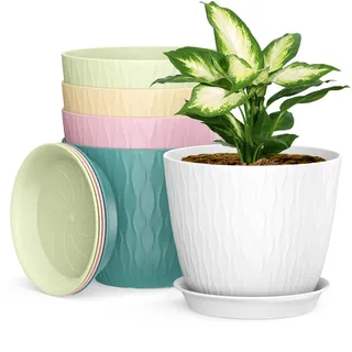 Homeuouz 5 Packs Blumentopf mit Bewässerungssystem, 20.3cm Pflanzentopf mit Bewässerungssystem, Übertopf mit Untersetzer, Blumentöpfe Set Ideal für Innen und Balkongärten, Bunt