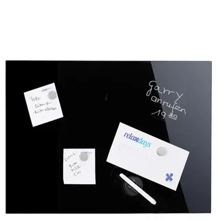 Relaxdays Magnettafel, beschreibbar, inkl. 3 Magnete & Stift, abwischbar, rahmenlos, Magnetboard Glas, schwarz