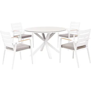 BELIANI Gartenmöbel Set 5-teilig Weiß und Taupe Aluminium Tisch  120 cm Rund Keramikplatte mit 4 Stühlen Auflagen Grau Stapelbar Terrasse Außenbereich - Weiß, Grau, Beige, Braun