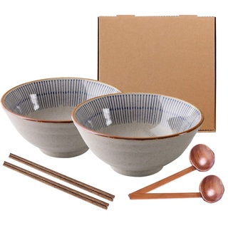 SDFVSDF 2 x Ramenschale aus japanischer Keramik, kreatives Geschenk, Retro-Ramen Schalen mit Stäbchen und Löffeln, für Mikrowelle, für Obstsalat, Gemüse, Nudeln – 1100 ml (2)