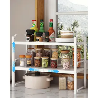 UMDONX 2 Stück Küchenregal Arbeitsplatte Stehend Ausziehbar von 32,5-52 cm | Stapelbares Gewürzregal aus Metall Regaleinsatz für Küchenschrank Schrankeinsatz Organizer,Weiß