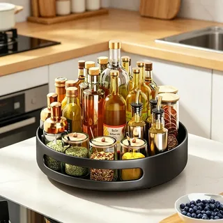 Küchen-Organizer - Drehbares Gewürzregal - 360° Aufbewahrungstablett - Für Arbeitsplatte und Schrank - Kohlenstoffstahl - 25 cm