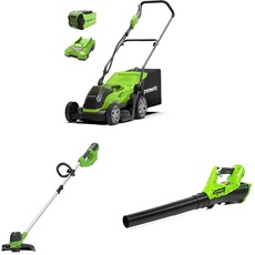 Greenworks Akku-Rasenmäher+Akku-Rasentrimmer G40LT (Li-Ion 40V 30.5cm Schnittbreite 7000U/min Variable Drehzahlregelung)+40 V Axial Akku-Laubbläser G40AB (Li-Ion 40V 177 km/h