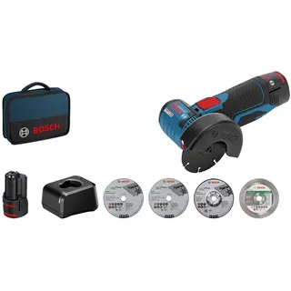Bosch GWS 12V-76 inkl. 2 x 2,0 Ah Akku, 5tlg. Trenn- und Schleifscheiben-Set, Tasche