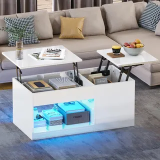 YITAHOME Couchtisch Höhenverstellbar, Couchtisch Hochglanz mit Hebeplatte, Wohnzimmertisch mit verstecktem Ablagefach und LED Beleuchtung Modern, Beistelltisch mit Stauraum für Home Office