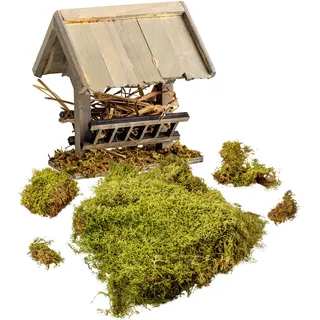 MaMeMi Set aus Futterkrippe und Moos für Weihnachtskrippe – Handgefertigte Holzkrippe ca. 10 x 10 cm mit Moosbegrünung, Krippenzubehör, Krippenbedarf für Modellbau und Miniaturwelten