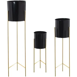 DRW Set mit 3 Pflanzgefäßen aus Metall mit Füßen in Schwarz und Gold, 93 x 21 x 21 cm