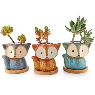 T4U Fuchs Sukkulenten Töpfe Keramik mit Untersetzer 3er-Set Blumentopf Klein für Mini-Pflanzen