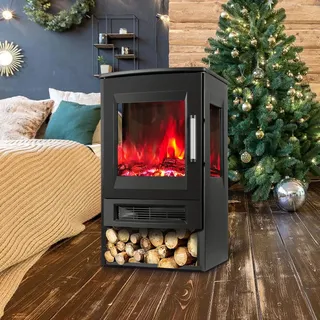 Jayseuw Elektrokamin 900W/1800W Standkamin– Schwarz Elektrischer Heizofen– Dreiseitiger Panorama-Kamin - LED-Flammeneffekt - Schwarz
