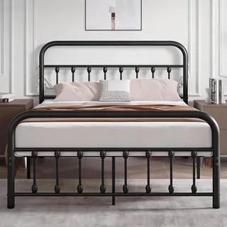 Metallbett 140 x 200 cm Bettrahmen mit Hohem Kopfteil, Stabiles Bettgestell Doppelbett aus Metall mit Lattenrost, Metall Gästebett Jugendbett, Viel Stauraum unter dem Bett, Schwarz