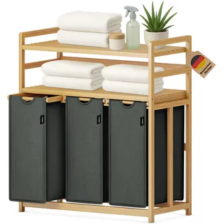 XMHome Wäschesammler 3 fächer 148 Liter aus Bambus mit 2 Ebenen Großer Wäschekorb mit Herausnehmbarem Wäschesack Rechteckige Wäschebox für Bad Schlafzimmer und Waschküche 77.5x41.3x100.5CM Dunkelgrau