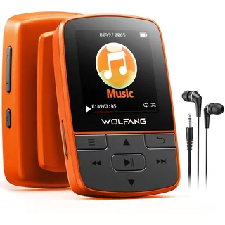 WOLFANG MP3-Player mit Bluetooth 5.2, Sportclip, Mini-Größe, Gewicht 28,3 g, HiF-FM-Radio, Diktiergerät, Kopfhörer im Lieferumfang enthalten, Orange