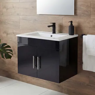 Waschbecken + Unterschrank HWC-D16, Waschbecken Waschtisch, -, hochglanz 60cm schwarz - Schwarz