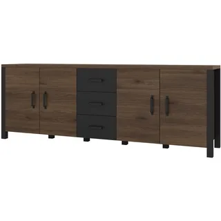 Furniture24 Sideboard OLIN 25 Kommode 220 cm breit mit 4 Türen 3 Schubladen Nußbaum Okapi/Schwarz matt, 220x79x48 cm