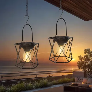 Ketom 2 Stück Solarlampen für Außen Hängend, IP65 Wasserdicht Metall Solarlaterne für Außen, LED Solar Laternen für Draußen für Garten, Patio, Weg, Camping, Rasen, Schwarz, X-Förmig
