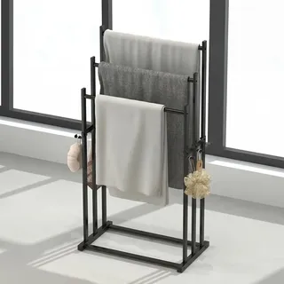 Sosisul Handtuchhalter Stehend mit 3 Stangen und Haken, Handtuchleiter aus Stahl, Badetuchhalter für Badezimmer, Handtücher, Badetücher