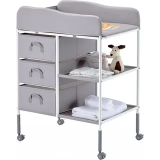 Vevor Wickeltisch tragbare Wickelstation mit 3 Stoffschubladen & feststellbaren Rädern, höhenverstellbarer multifunktionaler Baby-Wickelkombi mit Aufbewahrungs-Organizer fürs Kinderzimmer Grau