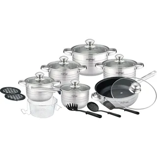 18 tlg Edelstahl Kochgeschirr Induktion Kochtopf Topf Set Pfanne Küchenhelfer