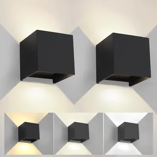 2 Stück Wandleuchte Aussen Innen Einstellbare 3 Lichtfarben LED Wandlampe Aussen Außenwandleuchten Modern Schwarz 6W IP65 Wasserdicht quadratisch Aluminium Wandleuchte Passen Sie den Lichtwinkel