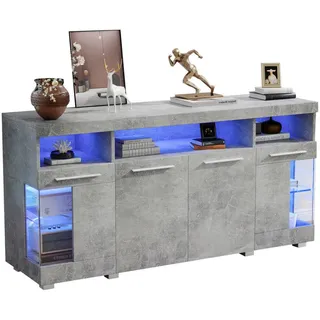 Okwish Sideboard 140/40/70 cm zementgrau aus MDF mit LED und Glastüren , Grau , Holzwerkstoff , 140x70x40 cm , Kleinmöbel, Kommoden, Sideboards