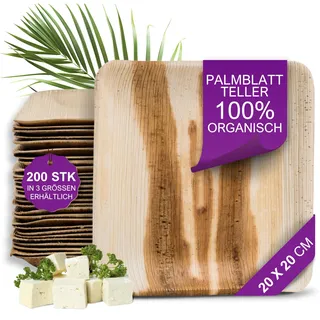 Waipur Bio Palmblatt Geschirr - 200 Teller eckig 20x20 cm - Premium Einweg-Geschirr kompostierbar - Umweltfreundliches Partygeschirr - Einwegteller Holz
