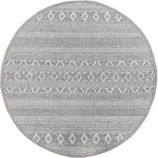 Outdoor Teppich Flachgewebe Balkonteppich Terasse Küchenteppich Wetterfest Beige Grau Rund - Grau