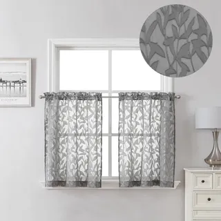 Lecloud Leia Transparente Volant-Vorhänge, mit Clips, Blattmuster, 2 Packungen, Jacquard-Voile-Scheibengardine, Küche, Schlafzimmer, Wohnzimmer, doppelte Stangentasche, 96 x 61 cm, Anthrazitgrau