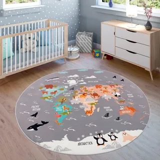 Paco Home Kinderteppich »Bino 581« rund 4 mm Höhe Spielteppich, Motiv Weltkarte & Tiere, Kinderzimmer, grau