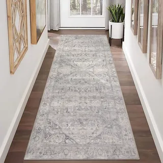 Homcomodar Teppichläufer Korridor 65x240 Vintage Läufer Küchenteppich Waschbar Teppich Korridor rutschfest Kurzboden Teppichläufer für Küche Eingang Schlafzimmer (Beige Grau, 65 x 240 cm (Rechteckig))