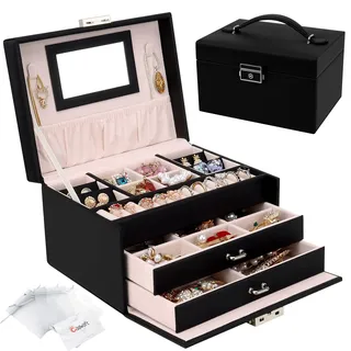 Schmuckkasten, Schmuckkästchen mit Schubladen für Damen Mädchen, PU-Leder Schmuckbox Schmuckschatulle Groß Schmuck Organizer für Ringe Ohrringe Armbänder Halsketten, Schwarz