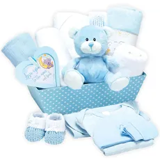 Baby Box Shop Babyparty Geschenk Junge - 12 Baby Geschenkset, Baby Präsentkorb Geschenke für Neugeborene Jungs, Neugeborenen Geschenk Junge, Baby Boy Geschenk, Baby Korb für Neugeborene - Blau