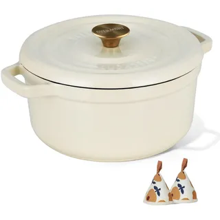 Overmont Bräter Emailliert Gusseisen Topf - Dutch Oven 26cm backofengeeignet mit Deckel und Kochbuch - für Braten Küche Backen Schmoren Weiß