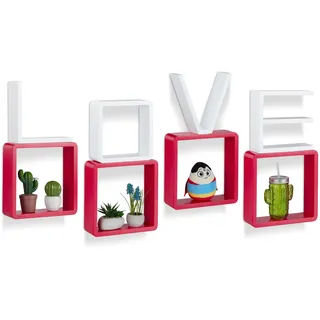 Relaxdays Wandregale LOVE, 4er Set, Freischwebend, Quadratisch, Runde Ecken, Buchstaben, MDF, HBT: 25x25x8cm, Rot/Weiß