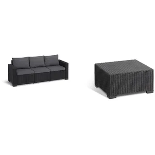 Keter Allibert by Gartenlounge Sofa California 3-Sitzer, Graphit/cool Grey, 199 x 68 x 72 cm & Allibert by California Gartentisch aus Kunststoff, Beistelltisch für Garten, 68 x 68 x 35 cm