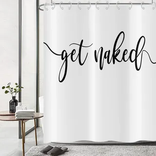 Hnmdmyi Duschvorhang Weiß 180x180, Schwarz Art Font Words Get Naked Duschvorhänge Funny Quotes Schöne und Coole Badewanne Vorhang Wasserdicht Polyester Stoff Waschbar Badevorhang mit Haken